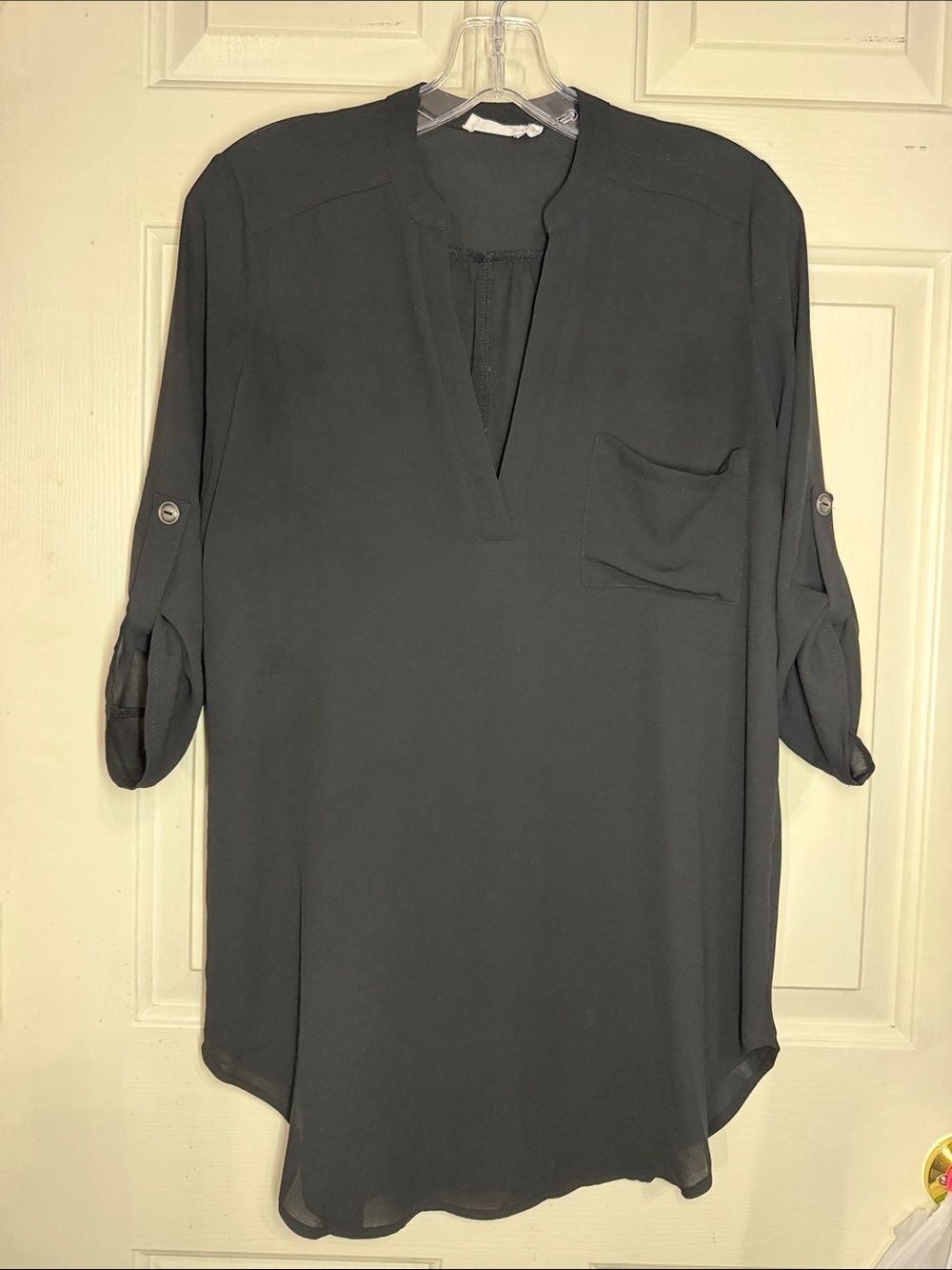 Lush Black V-Neck Roll-Tab Tunic with Chest Pocket
